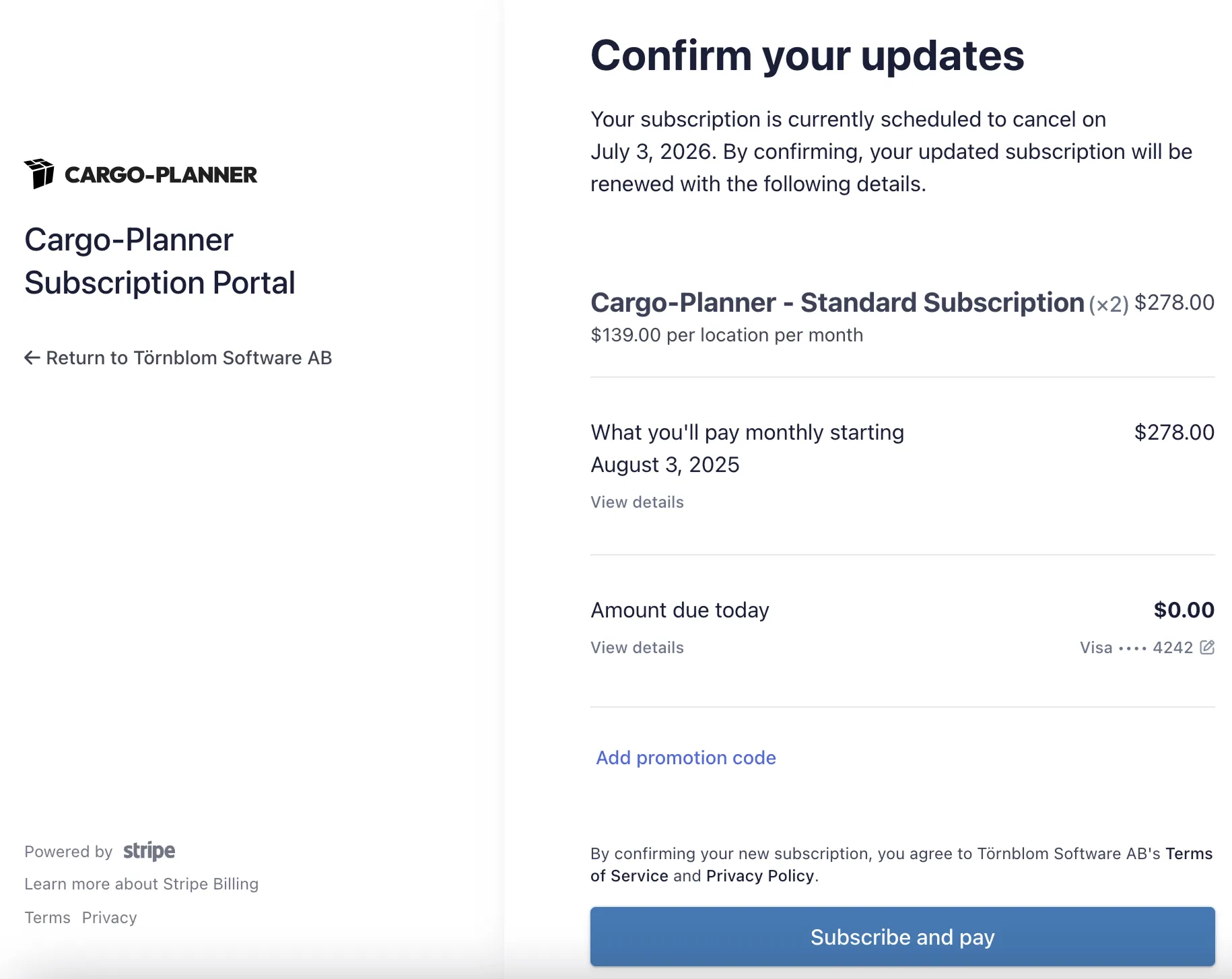 Confirm updated subscription