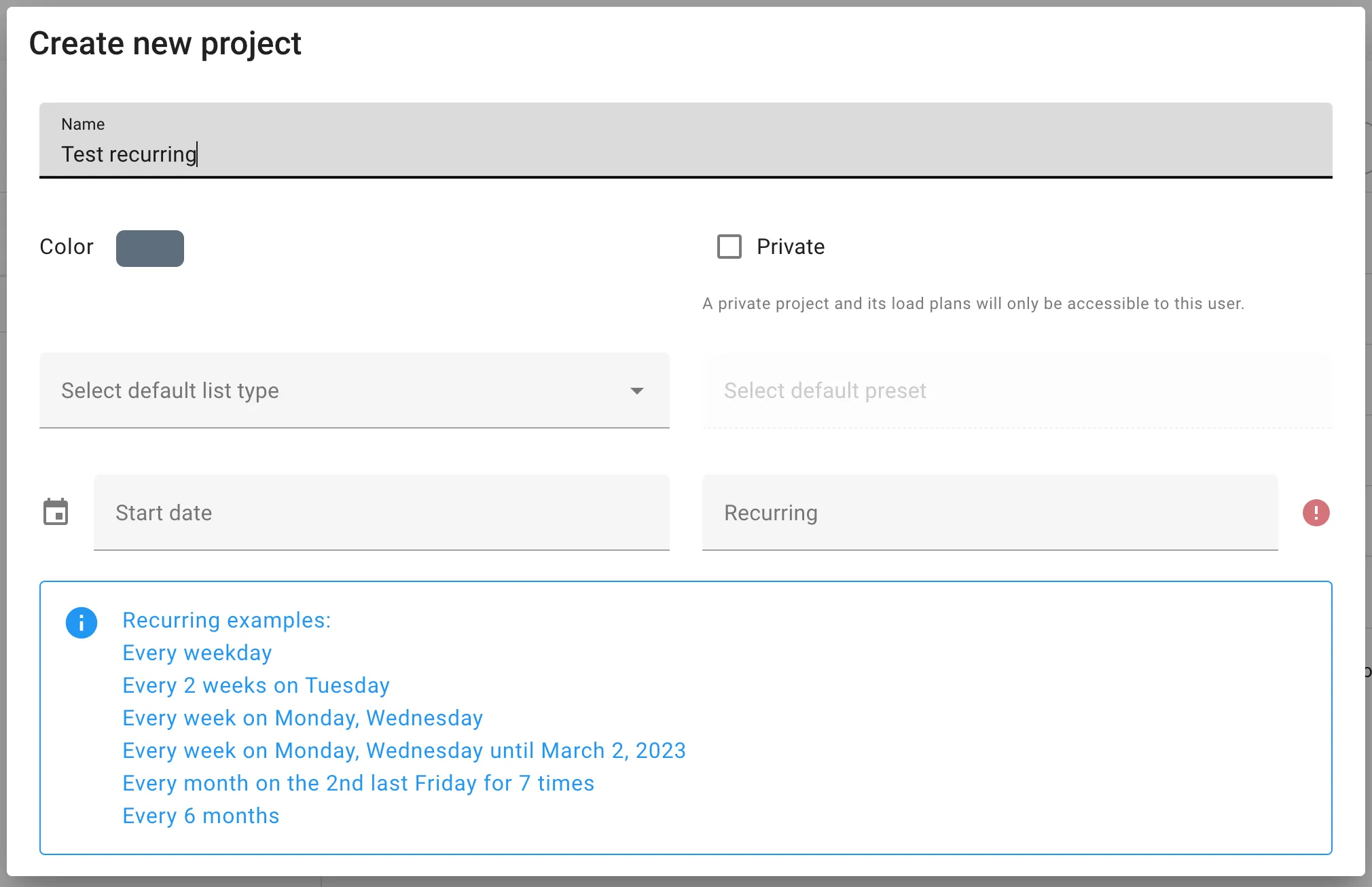 Recurring project setup