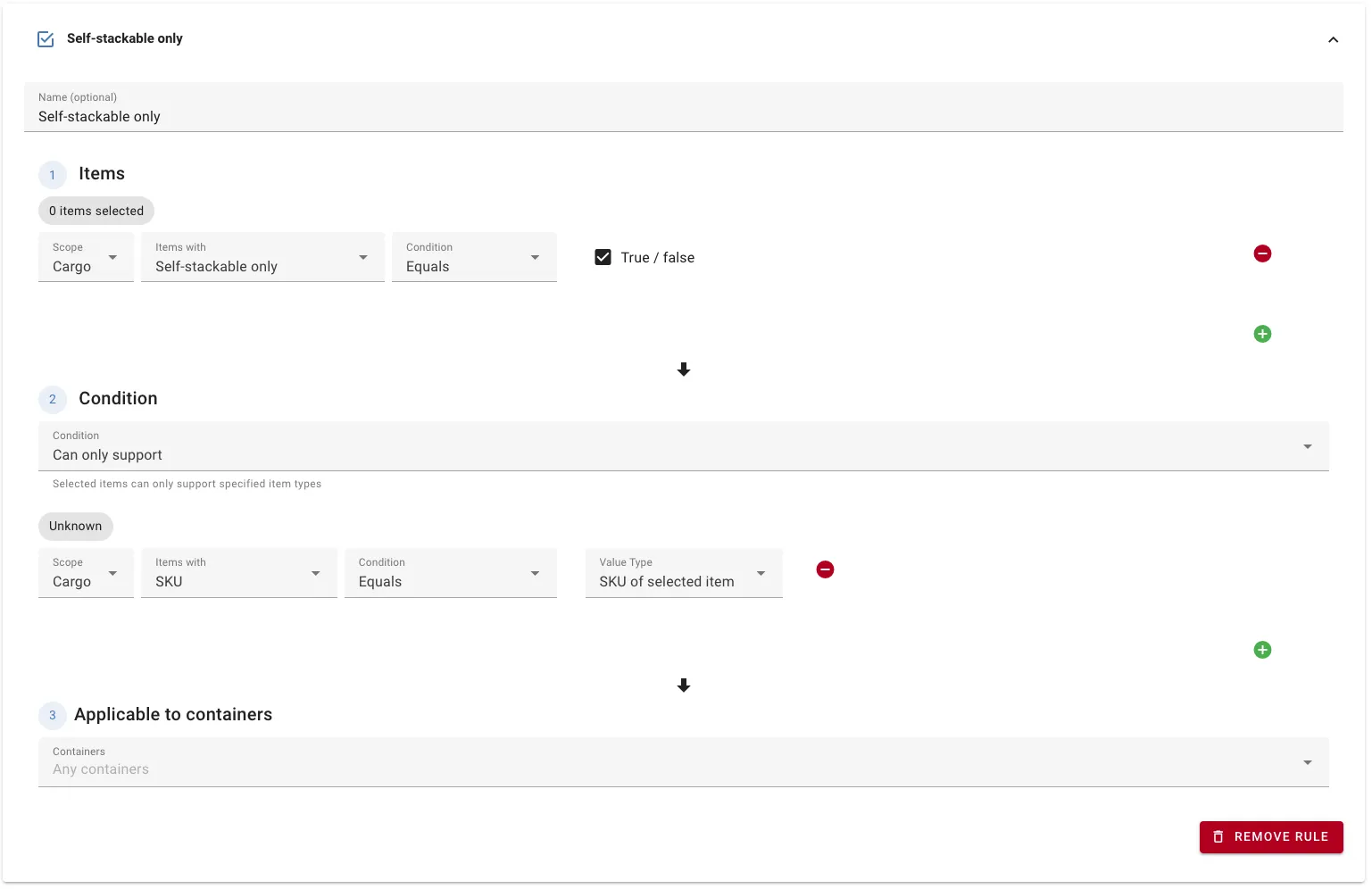 An example of a custom column "self-stackable only" in combination with a custom rule